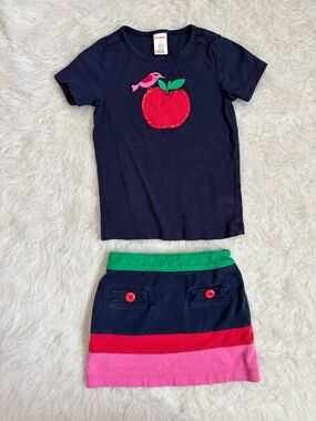 Gymboree Navy, Green & Pink Girls' Skirt Set with Bird & Sparkly Apple Appliqué